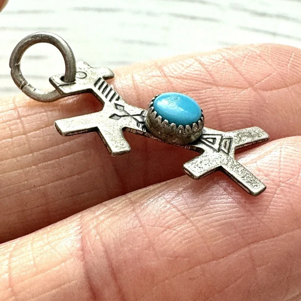 VTG Navajo Dog‎ Horse Turquoise Tiny Pendant Harvey Era Sterling Charm Native